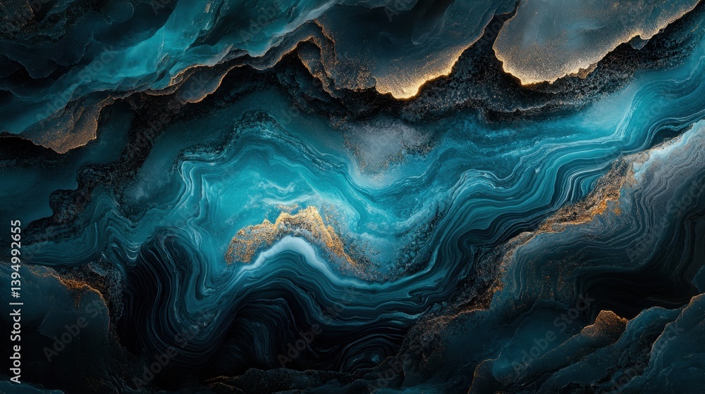 Poster abstract teal and gold fluid art background with dynamic swirls and shimmering texture creating a lu