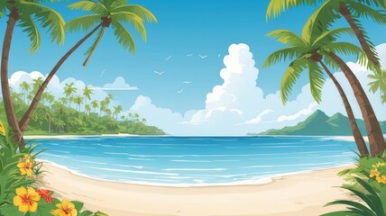 Naklejka premium Vibrant Tropical Beach Scene Palm Trees, Turquoise Water, and White Sand