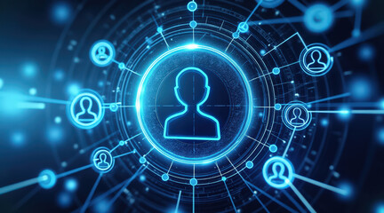 A digital network visualization with interconnected user icons, representing social connections and digital communication.