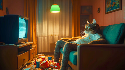 Cat relaxing in living room watching television at night