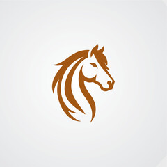 Brown stylized horse head logo.	
