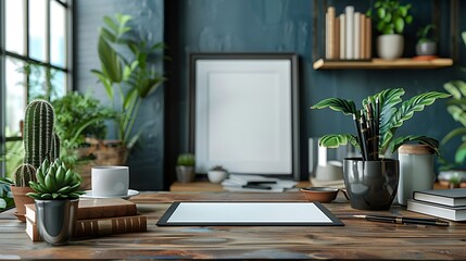 Home office desk framed diploma books and pen blank area in the center for motivational message
