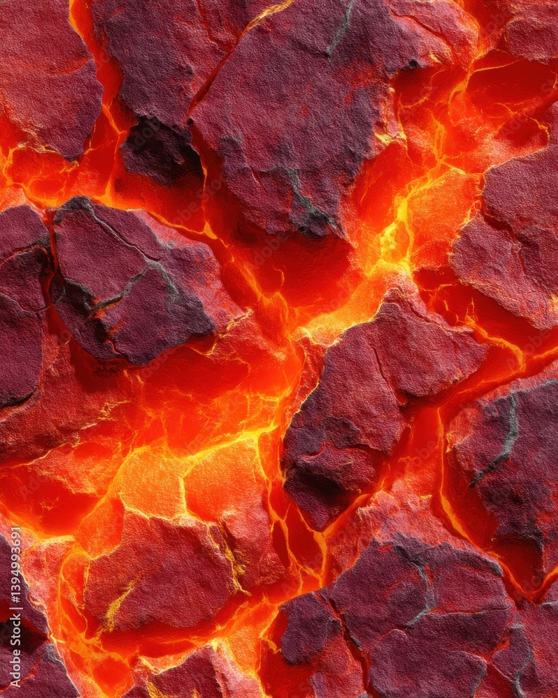 Poster dynamic volcanic texture background with fiery orange magma flowing between dark red rock formations