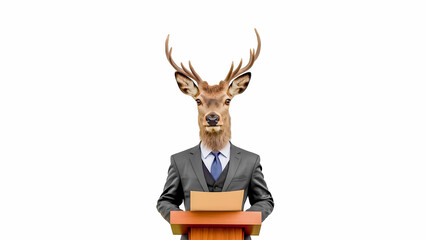 Deer-headed person in suit giving a speech at podium