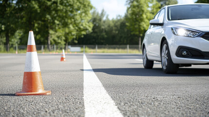 student driver is practicing lane changes in controlled environment, focusing on safety and precision