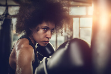 Fototapeta premium Focused female boxer training with intensity, throwing a punch at a heavy bag in a gym, showcasing strength, determination, and athleticism. 