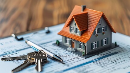 House keys resting home contract paperwork with mini house model writing space on the left side