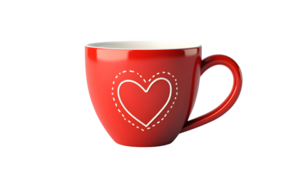 Realistic red ceramic coffee cup with a white interior and heart outline design, on a white background