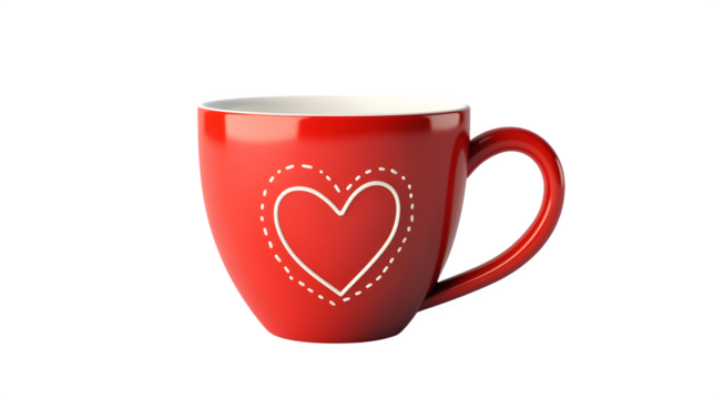 Realistic red ceramic coffee cup with a white interior and heart outline design, on a white background 