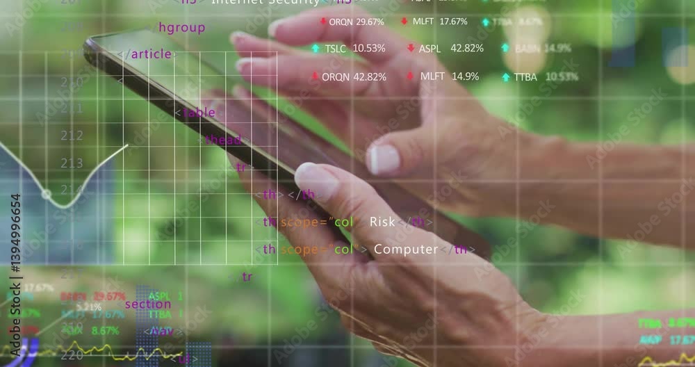 Poster using tablet with digital data and graphs overlaying screen in animation