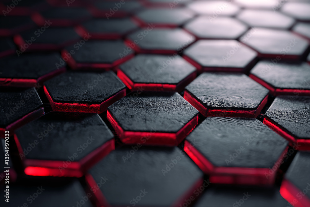 Poster close-up of dark grey hexagonal shapes with red illuminated edges, creating a textured, geometric pa