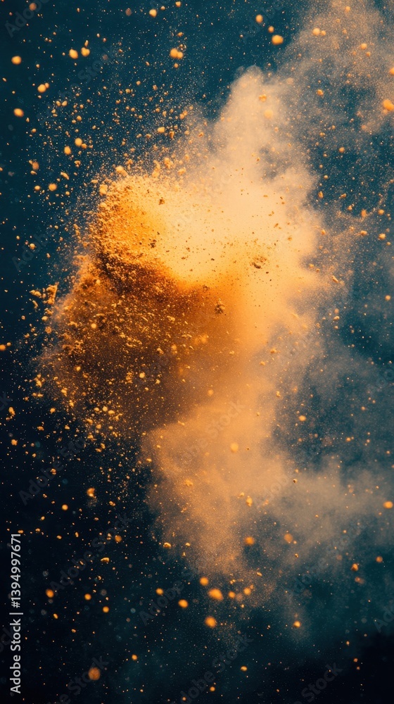 Poster golden explosion of vibrant powder paint against a dark blue backdrop creating a dynamic and artisti