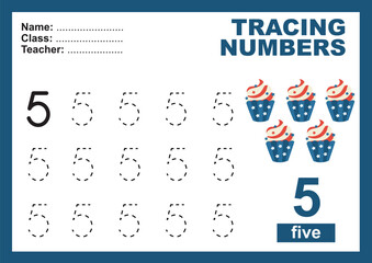 Trace and write number for children. Exercise for children to recognize the number. Educational worksheet for preschool. Vector file.