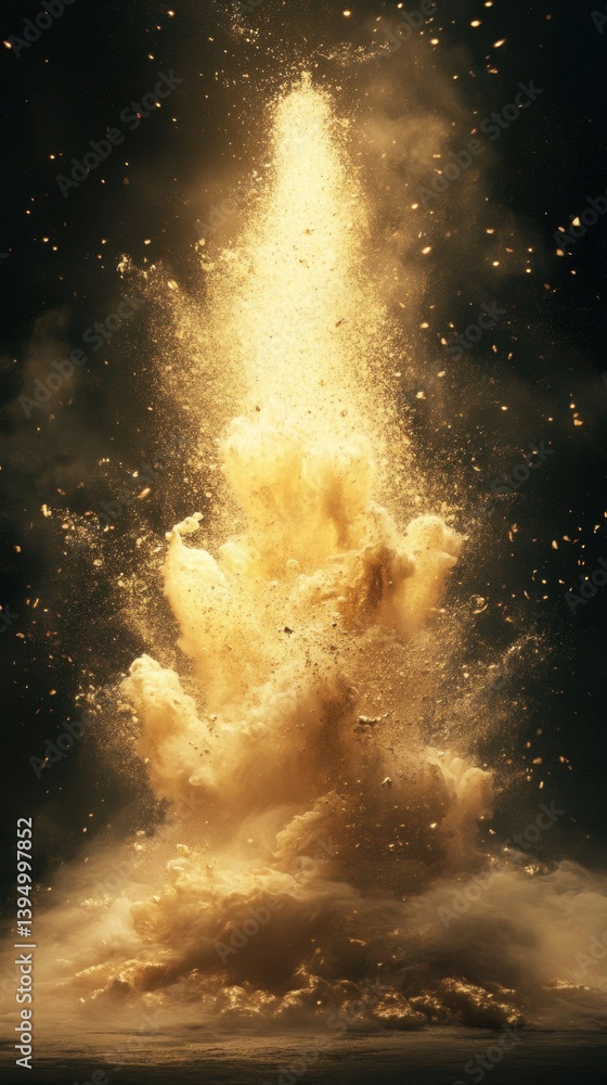 Poster dramatic golden dust cloud explosion against a dark background creating a powerful visual impact and