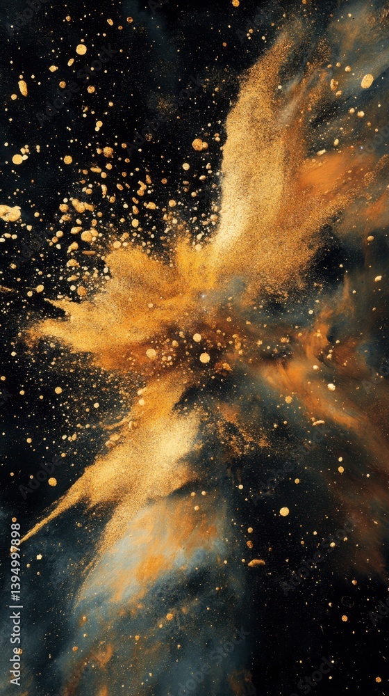 Poster ethereal golden explosion on dark backdrop abstract art capturing motion and energy in a dynamic cos