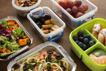 Healthy meal slimming diet plan daily ready menu background, organic fresh dishes and smoothie, fork knife on paper eco bag as food delivery courier service at home in office concept, close up view.