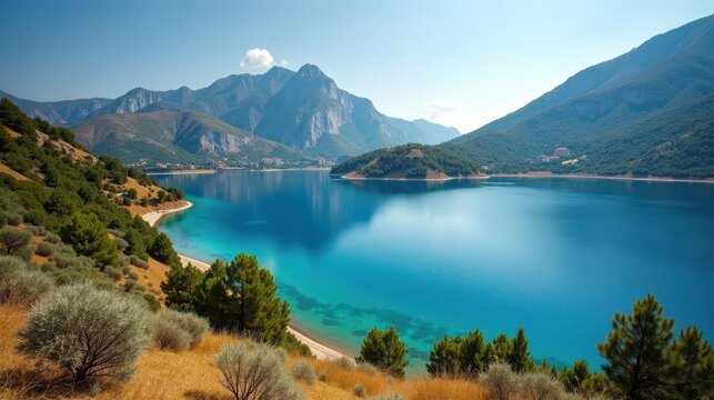 Professional photo of Lake Kourna in Greece at midday under hot, sunny summer conditions, captured in a panoramic perspective.