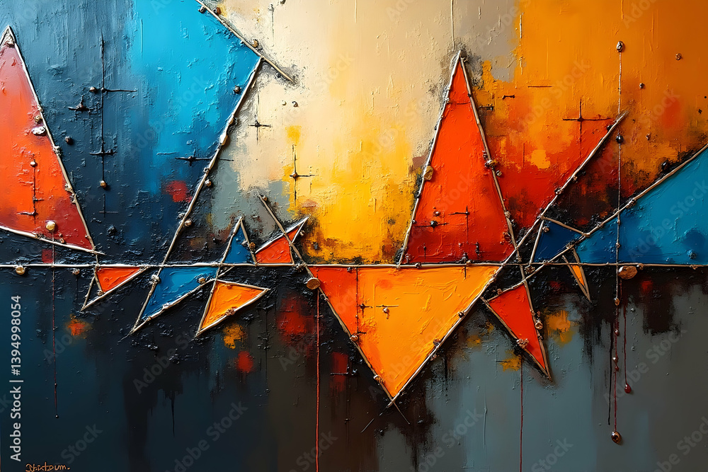 Poster dynamic geometric abstract art piece featuring sharp-edged shapes, textures, and vibrant colors that
