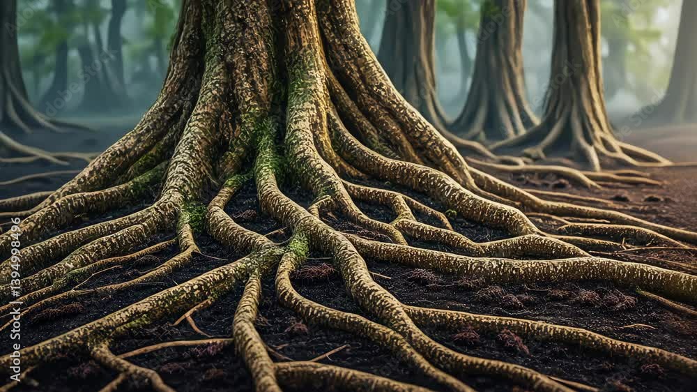 Poster Intricate roots of ancient trees intertwine in a misty forest during dawn