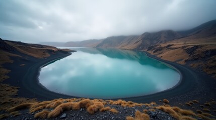 Aerial view of Lake Myvatn in Iceland at midday, with cloudy skies.