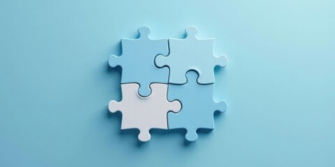 Four interlocking puzzle pieces, pale blue and white, represent unity and collaboration in problem-solving