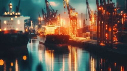 Cargo ships and cranes at a trade port symbolize global trade and tariffs.