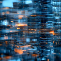 Fototapeta premium Abstract urban scene with blurred lights and digital textures in blue tones. big data concept