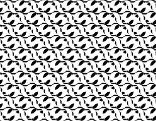 A black and white design filled with various leaf shapes, creating a textured, nature-inspired pattern
