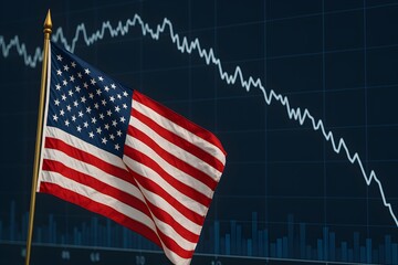 Us flag with declining stock graph symbolizes economic recession and stagnation.