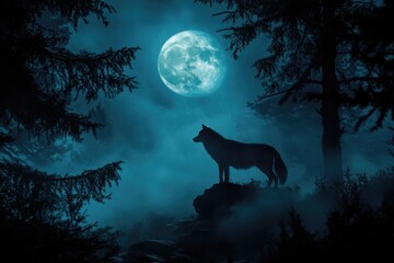 a wolf in the night forest howls at the moon