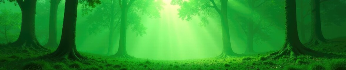 Obraz premium Ethereal green mist ascends from a serene forest clearing, forest, green smoke
