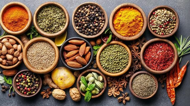 Vibrant assortment of spices and herbs arranged in wooden bowls on a dark stone surface