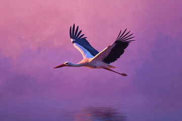 White stork in flight over purple water, sunset sky background, painted style, symbolizing freedom, peace, and nature's beauty