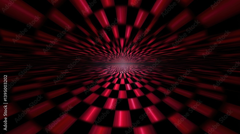 Poster abstract red and black checkered pattern creating a sense of depth and perspective with a futuristic