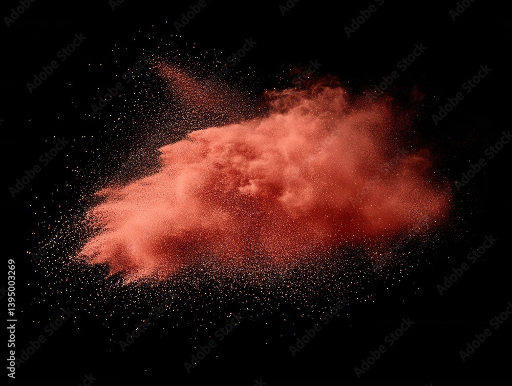 Poster ethereal coral powder explosion against black backdrop creating a dynamic abstract composition a cap