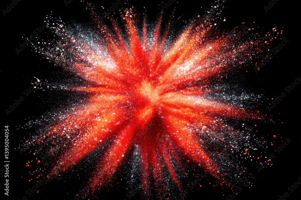 Poster vibrant explosion of red and white powder against a dark backdrop creating dynamic abstract art
