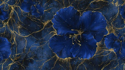 Dark blue floral pattern with gold accents.  Delicate hibiscus blossoms, rich deep blue, are detailed with gold veins and sparkle, against a marbled backdrop.  A striking, opulent design