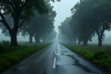 Fototapeta premium Eerie solitude, a deserted road disappearing into a misty distance amidst a stormy day under the gloomy sky, where the rain falling and the wind blowing around