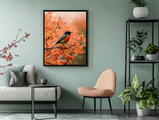 A serene living space featuring a bird illustration on the wall amidst cozy decor and vibrant plants.
