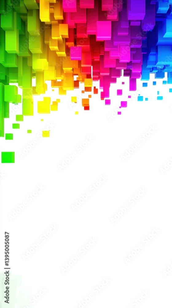 Poster vivid rainbow gradient of abstract geometric cubes cascading on a white background creating a modern