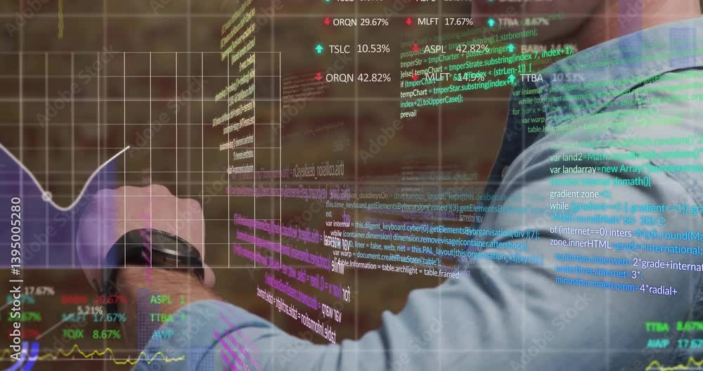 Poster analyzing digital graphs, business professional using smartwatch with code overlay