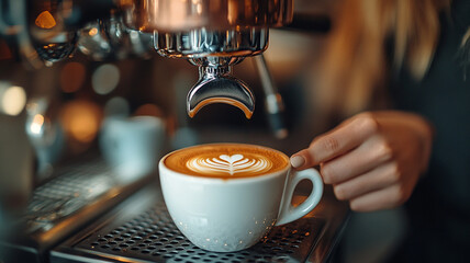 A cup of coffee at a coffee shop. A banner for coffee advertising. milk art on coffee foam. The barista makes coffee.