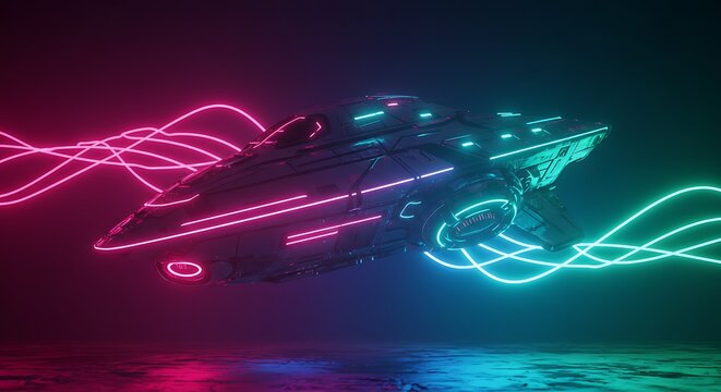 Futuristic Spaceship Flying with Neon Lights Sci-fi Illustration Concept Art - Powered by Adobe