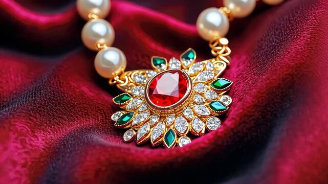 Elegant Necklace with Red Gem and Pearls on Luxurious Fabric Background