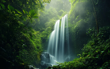 Waterfall is flowing through a lush green forest