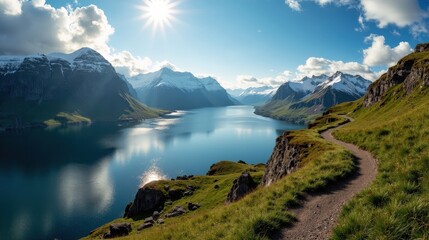 Obraz premium Clear photo of a location in Norway at midday, with sunny weather, captured from a wide panoramic angle.