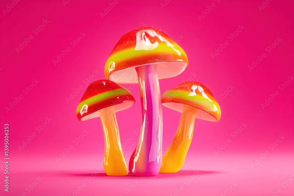 Poster vibrant glossy mushrooms on a vivid pink backdrop creating a whimsical and enchanting visual experie