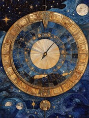 Obraz premium Astrolabe or clock mechanism against a starry sky with moon illustration.