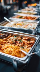 Delicious buffet spread featuring an array of savory dishes in chafing dishes at a catering event with warm lighting and a shallow depth of field