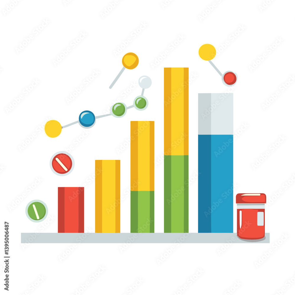 Poster colorful bar and line graph showing upward trend with medicine related objects